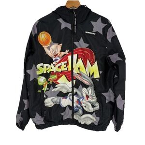 Members Only Jacket Mens Medium Black Space Jam Tune Squad Hooded Windbreaker